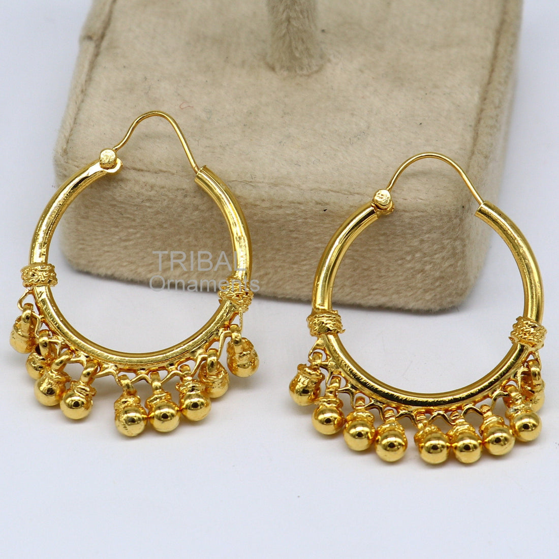 Vintage antique design handmade 925 sterling silver gorgeous gold polished hoops boho earrings bali with bells tribal Banjara jewelry s1147 - TRIBAL ORNAMENTS