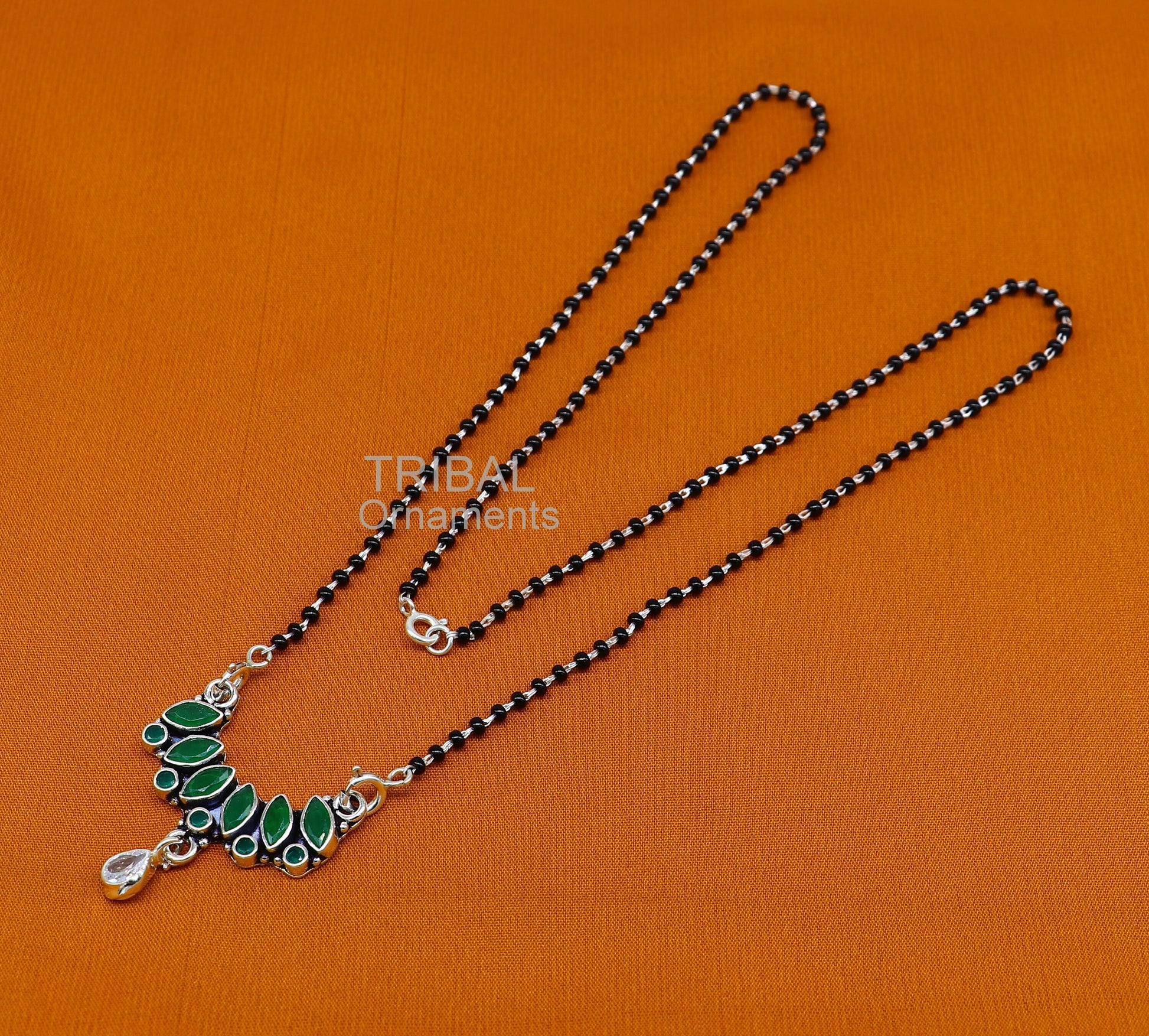 925 sterling silver black beads mangal sutra chain necklace for daily use brides Mangalsutra chunky necklace green cut stone pendant ms26 - TRIBAL ORNAMENTS