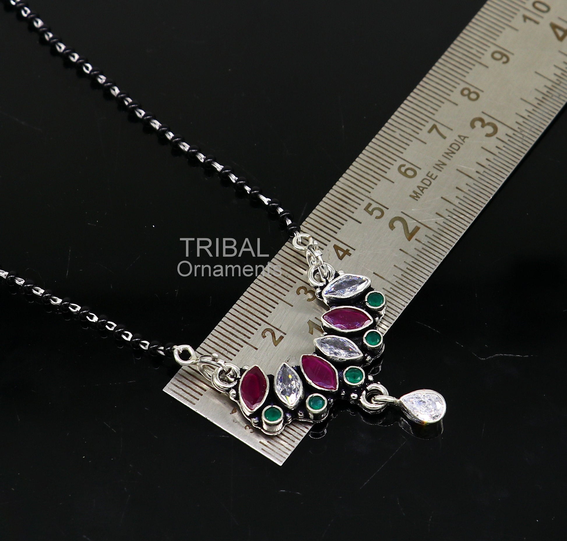 Tilak shape multicolor stone pendant 925 sterling silver black beads mangal sutra necklace daily use brides Mangalsutra chunky necklace ms27 - TRIBAL ORNAMENTS