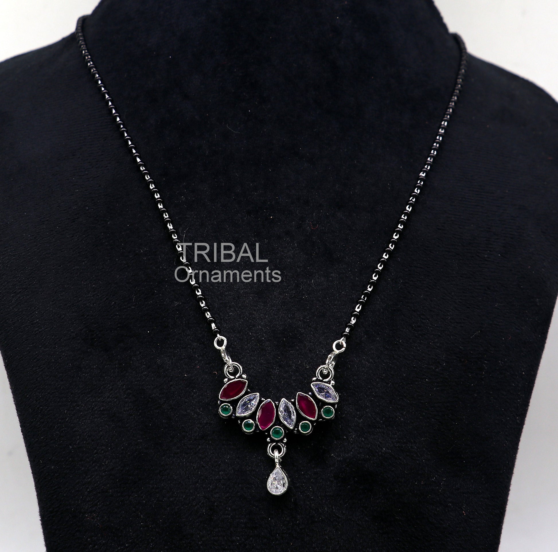 Tilak shape multicolor stone pendant 925 sterling silver black beads mangal sutra necklace daily use brides Mangalsutra chunky necklace ms27 - TRIBAL ORNAMENTS