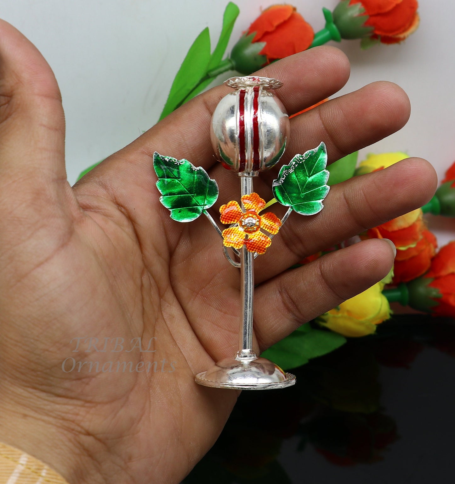 497925 sterling silver handmade Afeem plant or opium plant for best gift to lord Krishna to protect opium field and prosperity art597 - TRIBAL ORNAMENTS