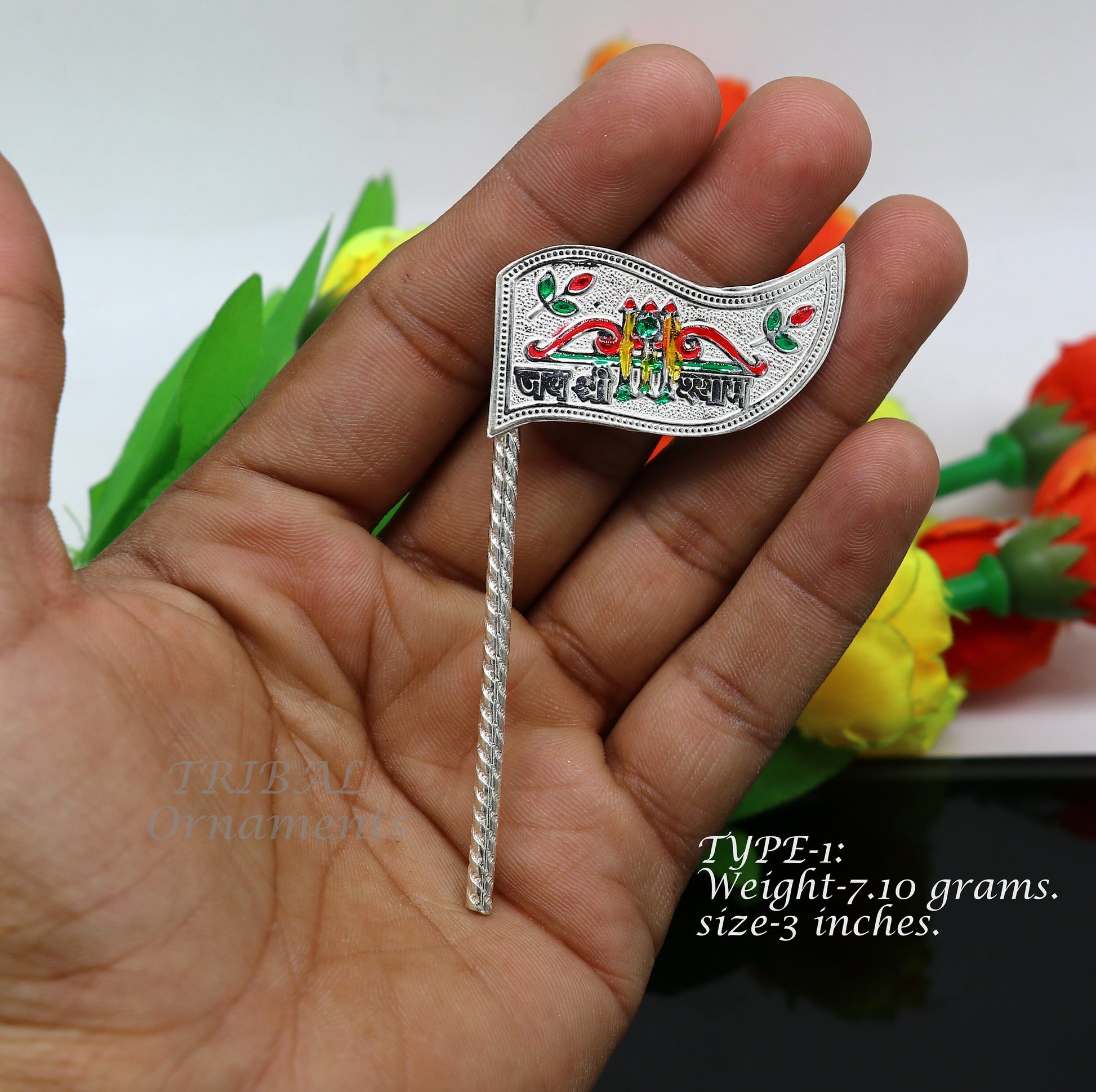 925 sterling silver handmade lork Khatu Shyam Dhwaja or flag, silver "jai shree shyam" flag best way for gifting to idols or kriahna su1017 - TRIBAL ORNAMENTS