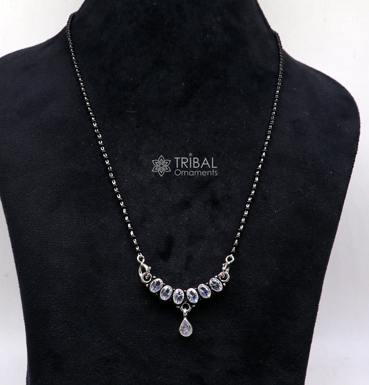 925 sterling silver black beads mangalsutra chain necklace gorgeous Waved design cut stone pendant, traditional style brides necklace ms37 - TRIBAL ORNAMENTS
