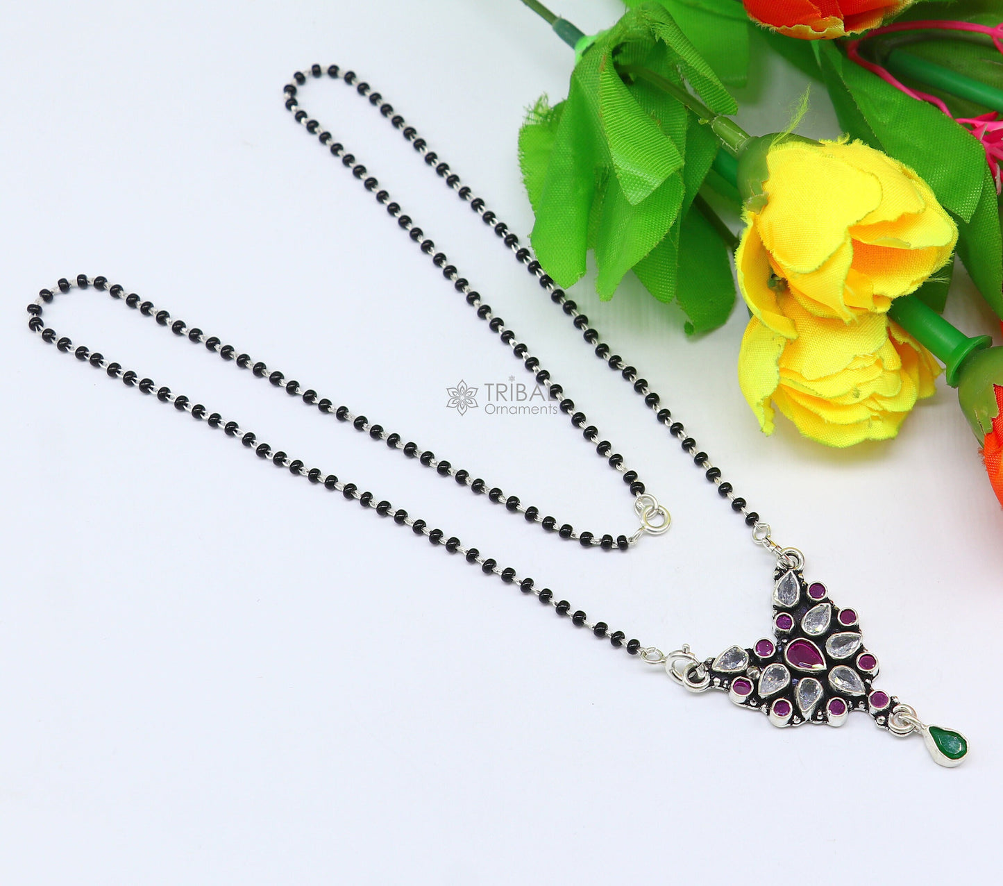925 sterling silver handmade delicate black beaded chain and fabulous cut stone pendant, amazing brides mangalsutra necklace from india ms43 - TRIBAL ORNAMENTS
