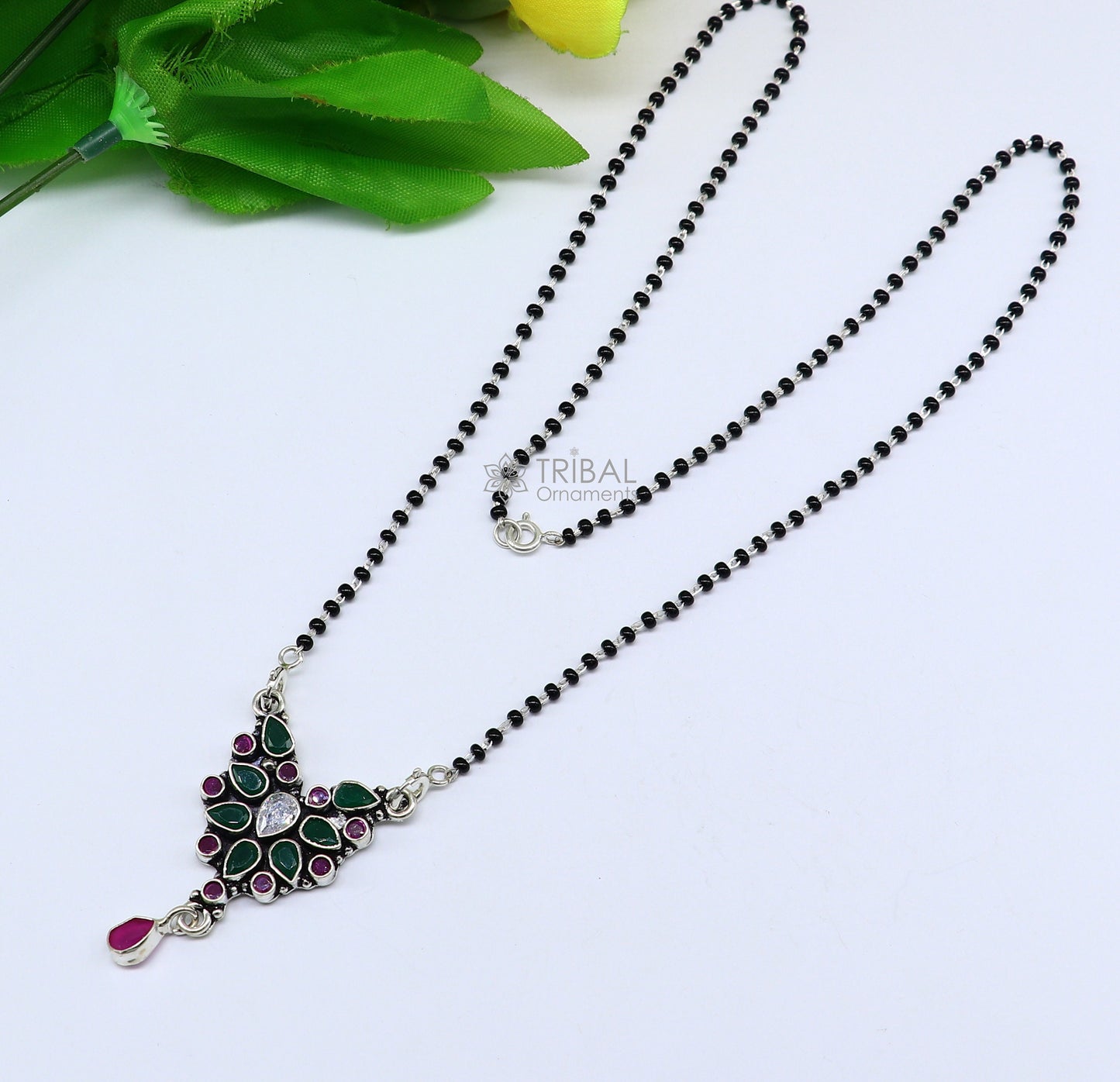 925 sterling silver handmade delicate black beaded chain and fabulous cut stone pendant, amazing brides mangalsutra necklace from india ms45 - TRIBAL ORNAMENTS