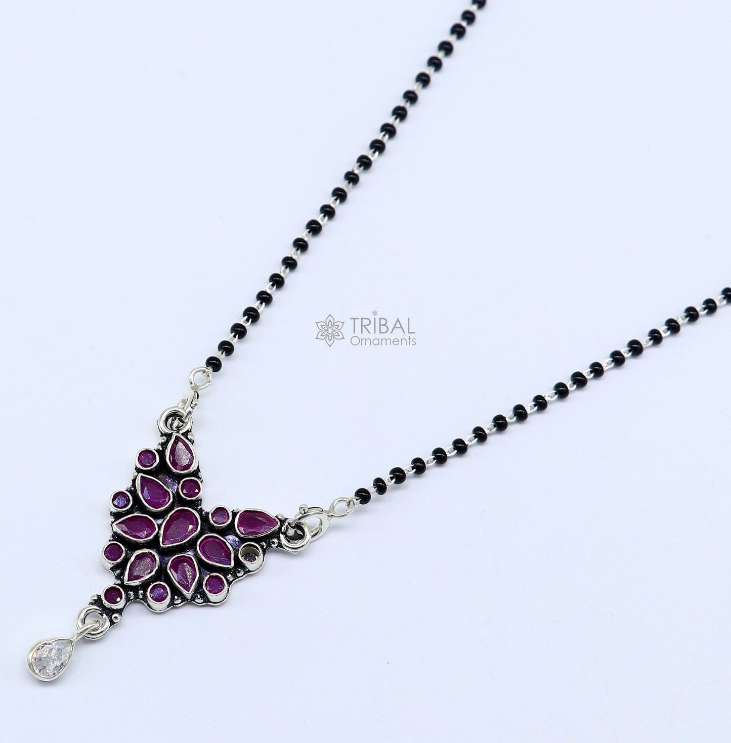 925 sterling silver handmade delicate black beaded chain and fabulous cut stone pendant, amazing brides mangalsutra necklace from india ms46 - TRIBAL ORNAMENTS