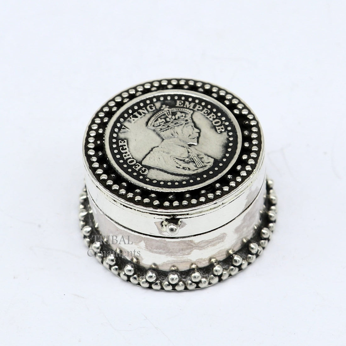 925 sterling silver Stunning George V king Emperor coin design trinket box, kajal eyeliner box, Sindur box brides gift silver box stb746 - TRIBAL ORNAMENTS