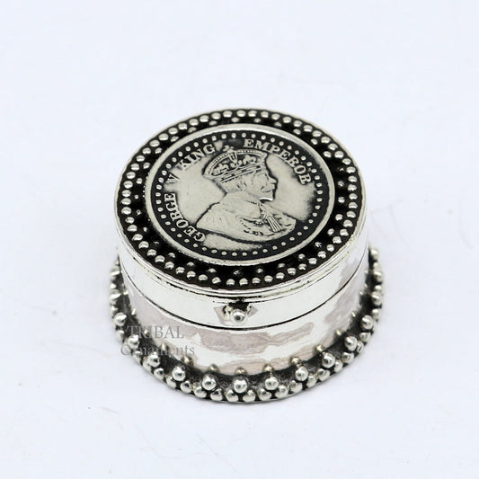 925 sterling silver Stunning George V king Emperor coin design trinket box, kajal eyeliner box, Sindur box brides gift silver box stb746 - TRIBAL ORNAMENTS