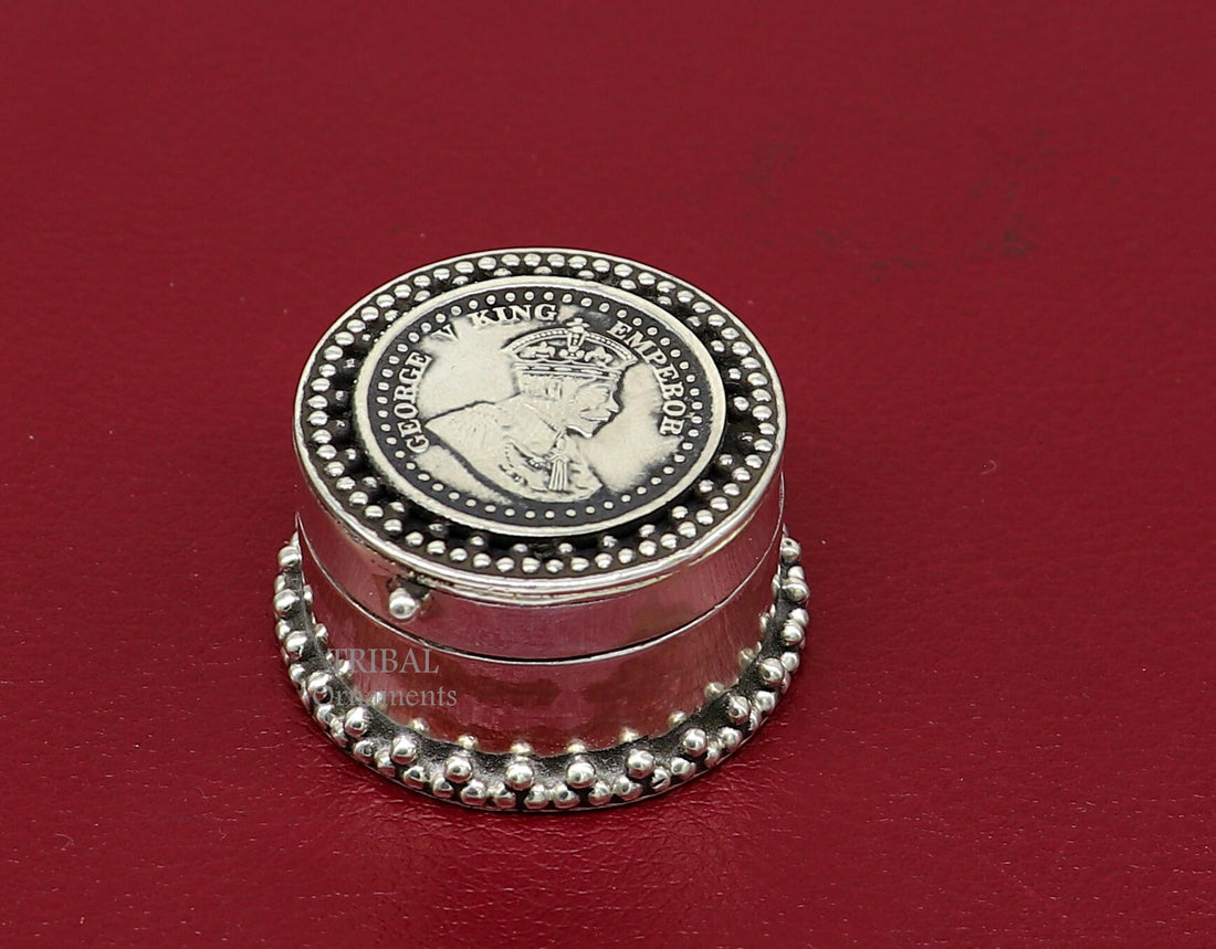 925 sterling silver Stunning George V king Emperor coin design trinket box, kajal eyeliner box, Sindur box brides gift silver box stb746 - TRIBAL ORNAMENTS