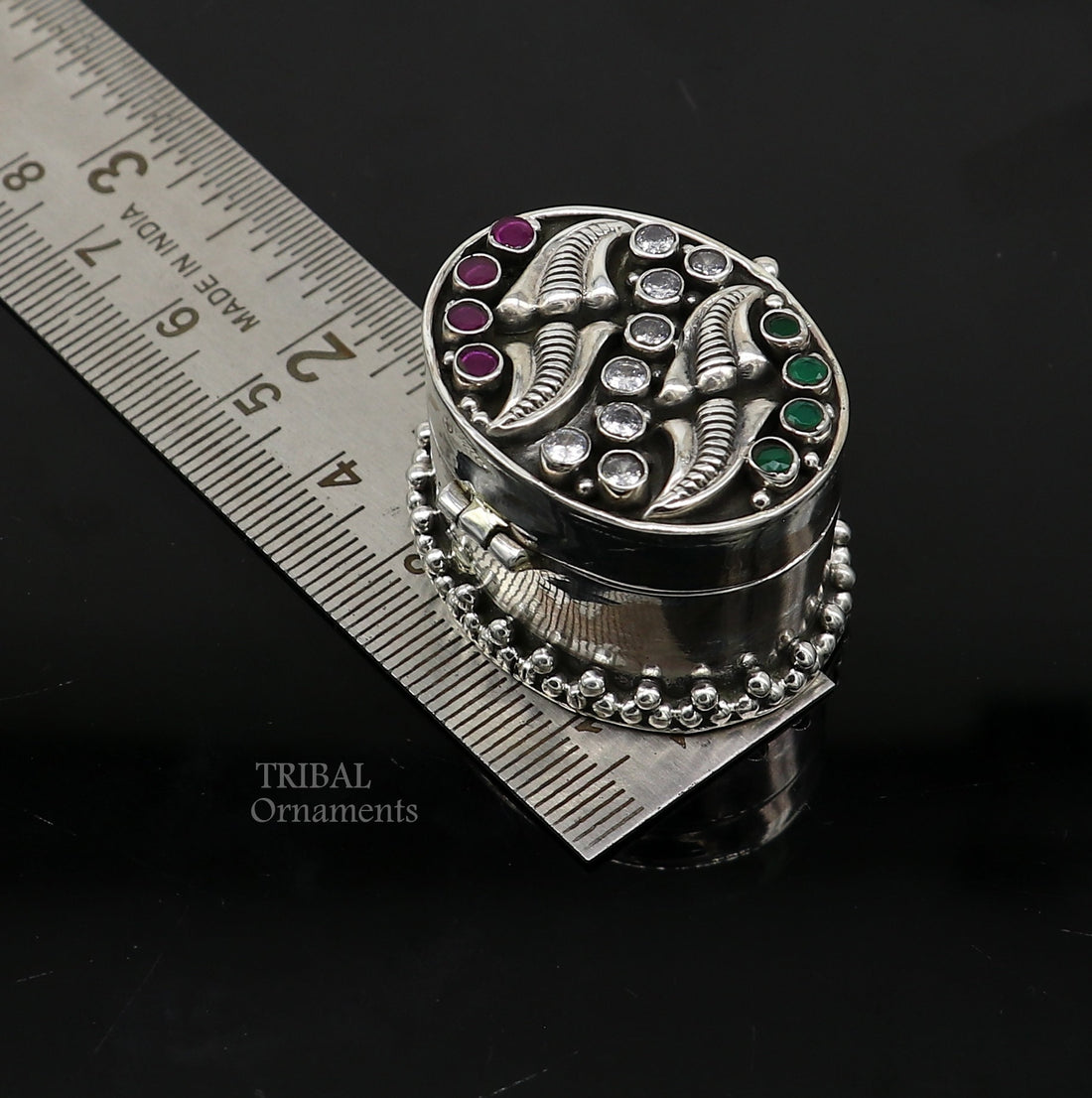 925 sterling silver unique design stone work trinket box, kajal eyeliner box, Sindur box brides gift silver box stb749 - TRIBAL ORNAMENTS