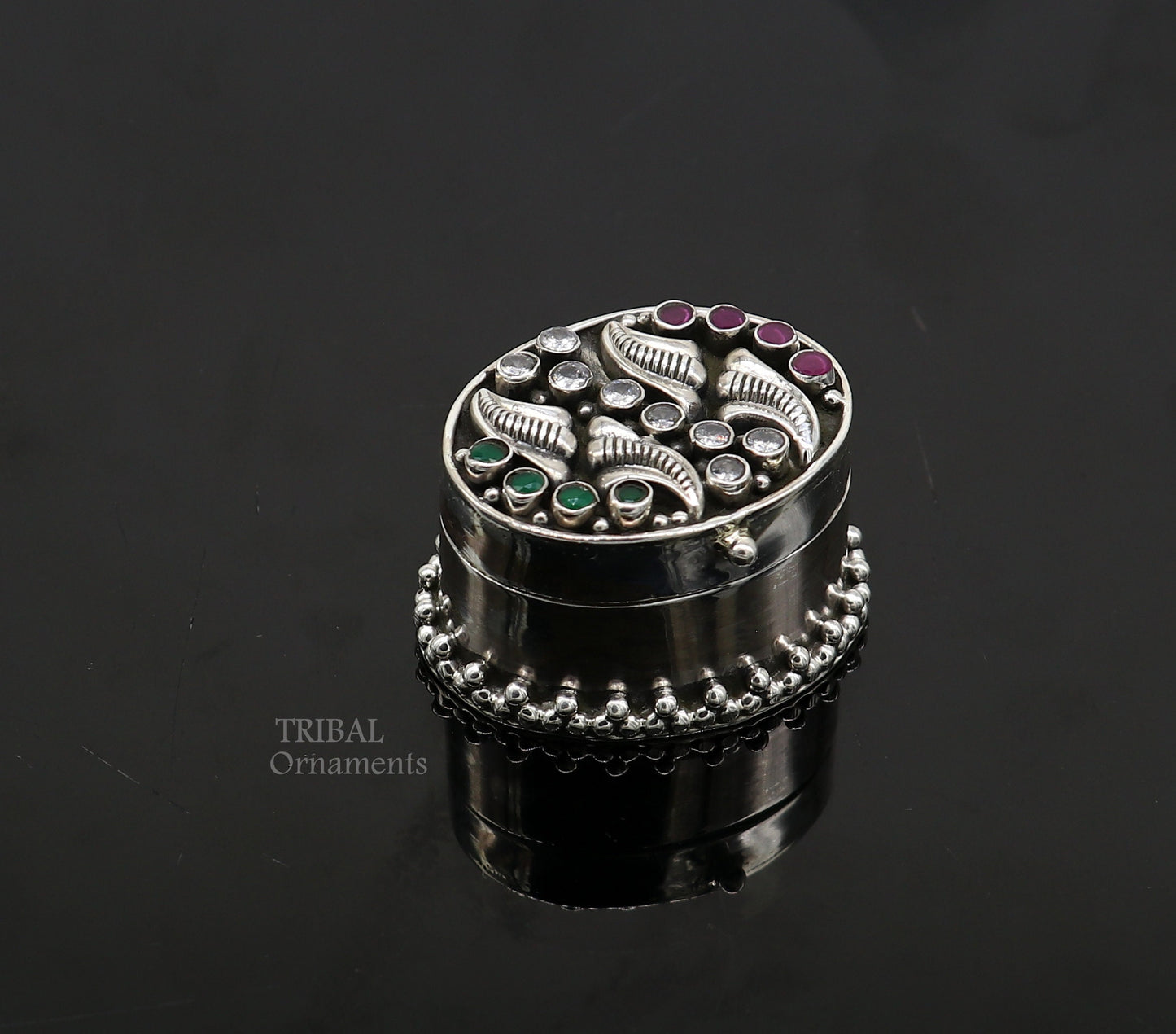 925 sterling silver unique design stone work trinket box, kajal eyeliner box, Sindur box brides gift silver box stb749 - TRIBAL ORNAMENTS