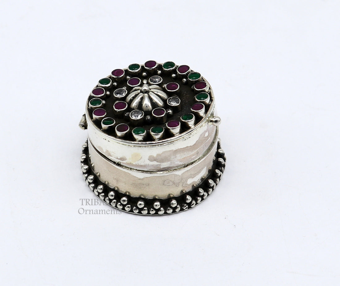 925 sterling silver unique design stone work trinket box, kajal eyeliner box, Sindur box brides gift silver box stb750 - TRIBAL ORNAMENTS