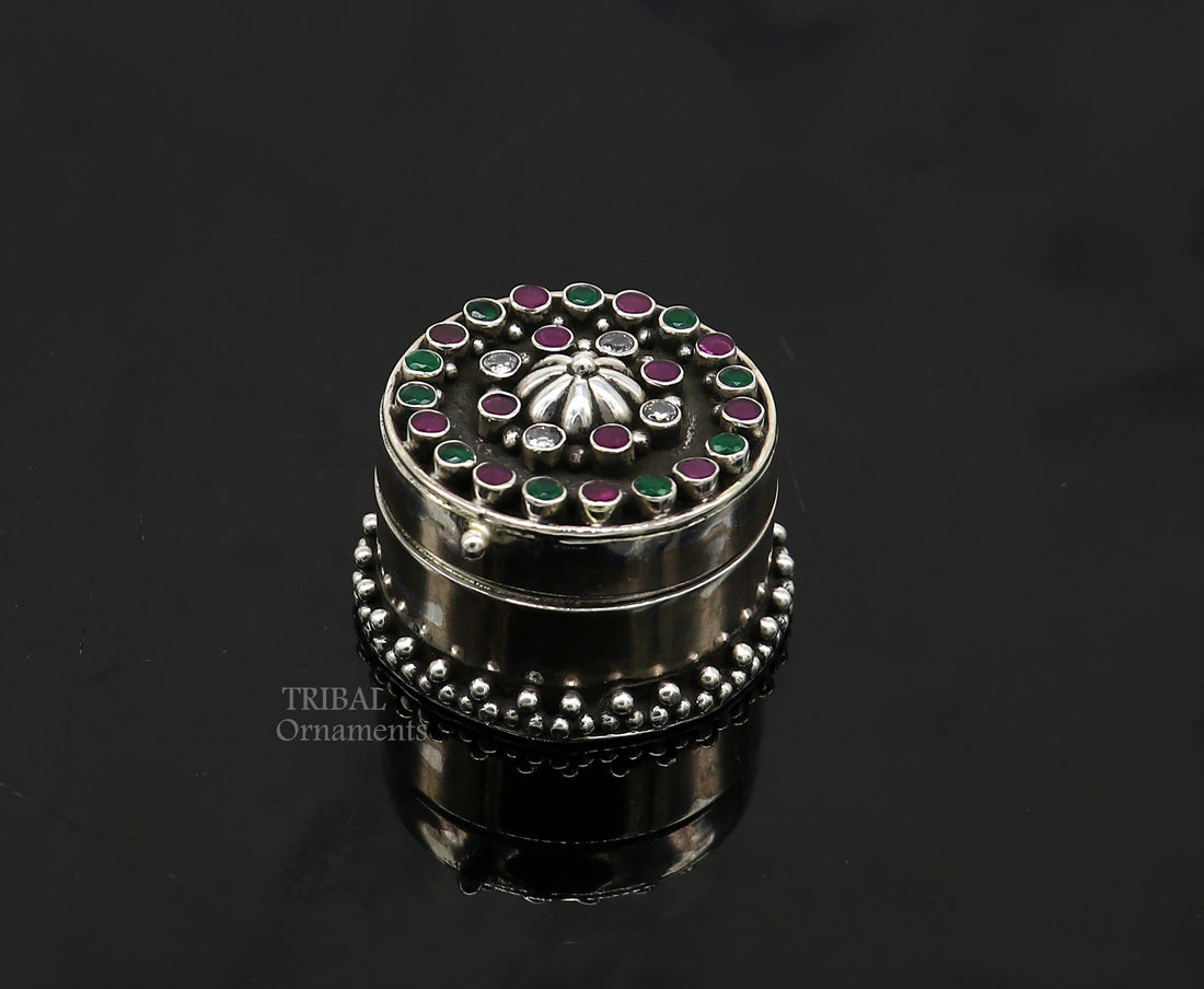 925 sterling silver unique design stone work trinket box, kajal eyeliner box, Sindur box brides gift silver box stb750 - TRIBAL ORNAMENTS