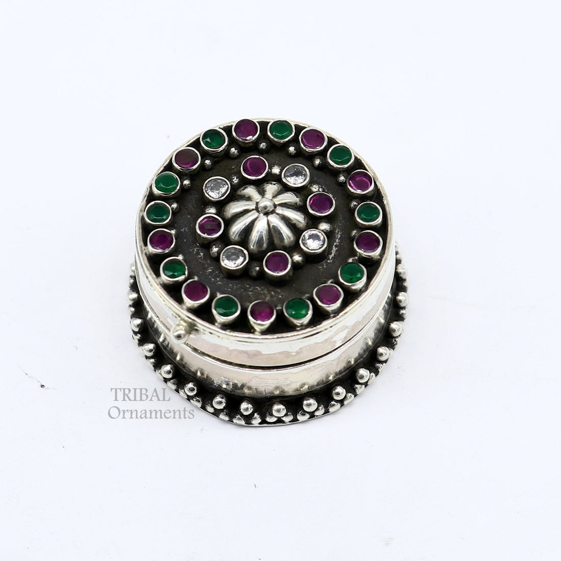 925 sterling silver unique design stone work trinket box, kajal eyeliner box, Sindur box brides gift silver box stb750 - TRIBAL ORNAMENTS