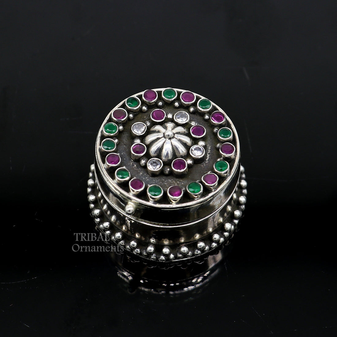 925 sterling silver unique design stone work trinket box, kajal eyeliner box, Sindur box brides gift silver box stb750 - TRIBAL ORNAMENTS