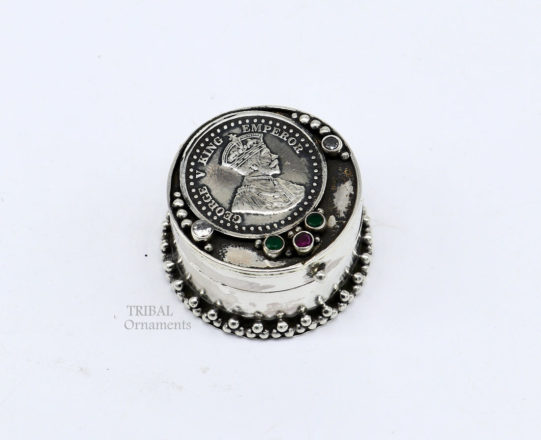 925 sterling silver unique design George v king emperor coin trinket box, kajal eyeliner box, Sindur box brides gift silver box stb751 - TRIBAL ORNAMENTS