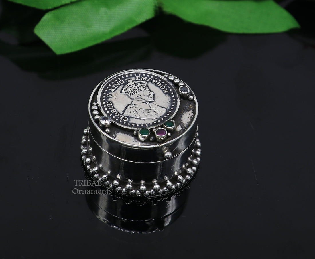 925 sterling silver unique design George v king emperor coin trinket box, kajal eyeliner box, Sindur box brides gift silver box stb751 - TRIBAL ORNAMENTS