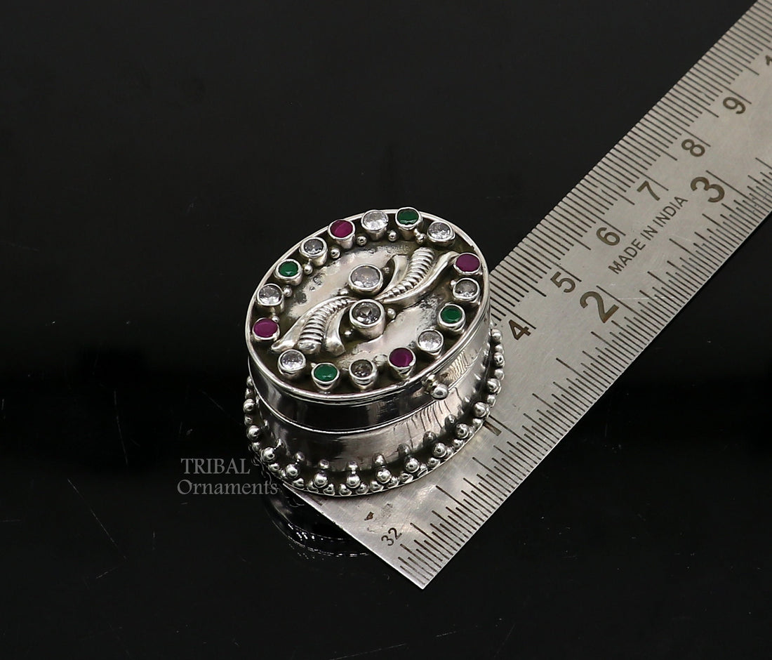 925 sterling silver unique design stone work trinket box, kajal eyeliner box, Sindur box brides gift silver box stb752 - TRIBAL ORNAMENTS