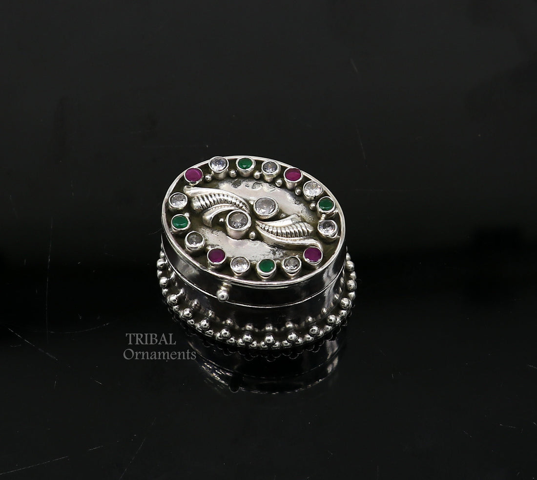 925 sterling silver unique design stone work trinket box, kajal eyeliner box, Sindur box brides gift silver box stb752 - TRIBAL ORNAMENTS