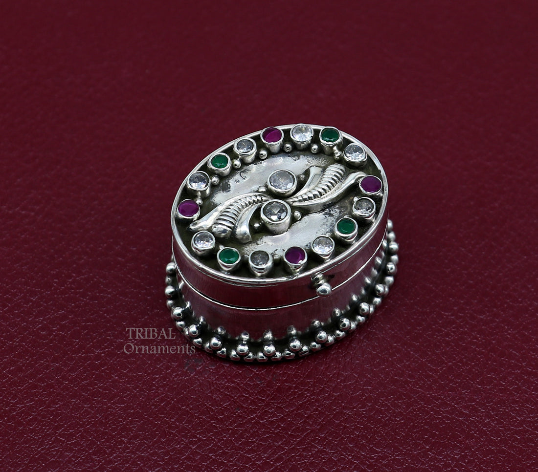 925 sterling silver unique design stone work trinket box, kajal eyeliner box, Sindur box brides gift silver box stb752 - TRIBAL ORNAMENTS