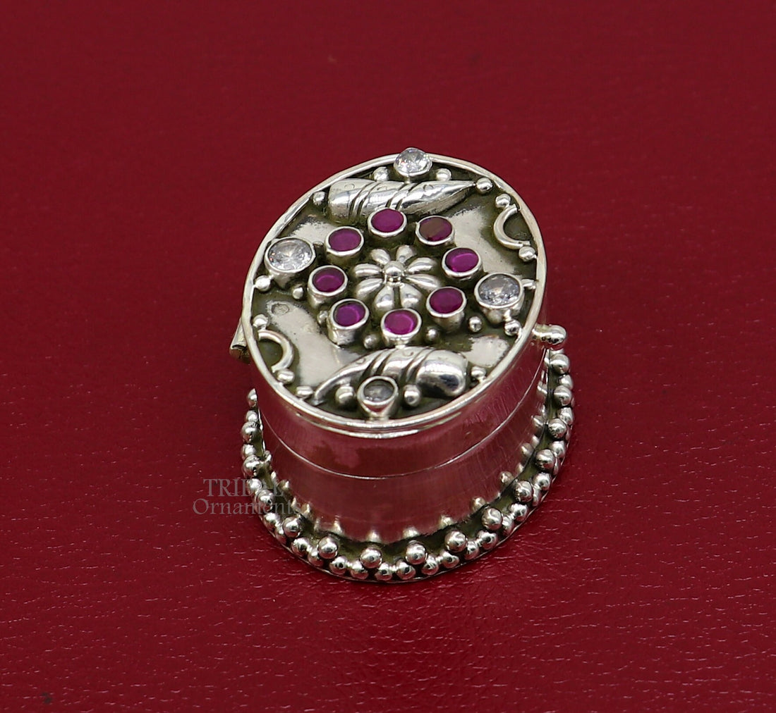 925 sterling silver handcrafted oval shape design stone work trinket box, kajal eyeliner box, Sindur box brides gift silver box stb759 - TRIBAL ORNAMENTS