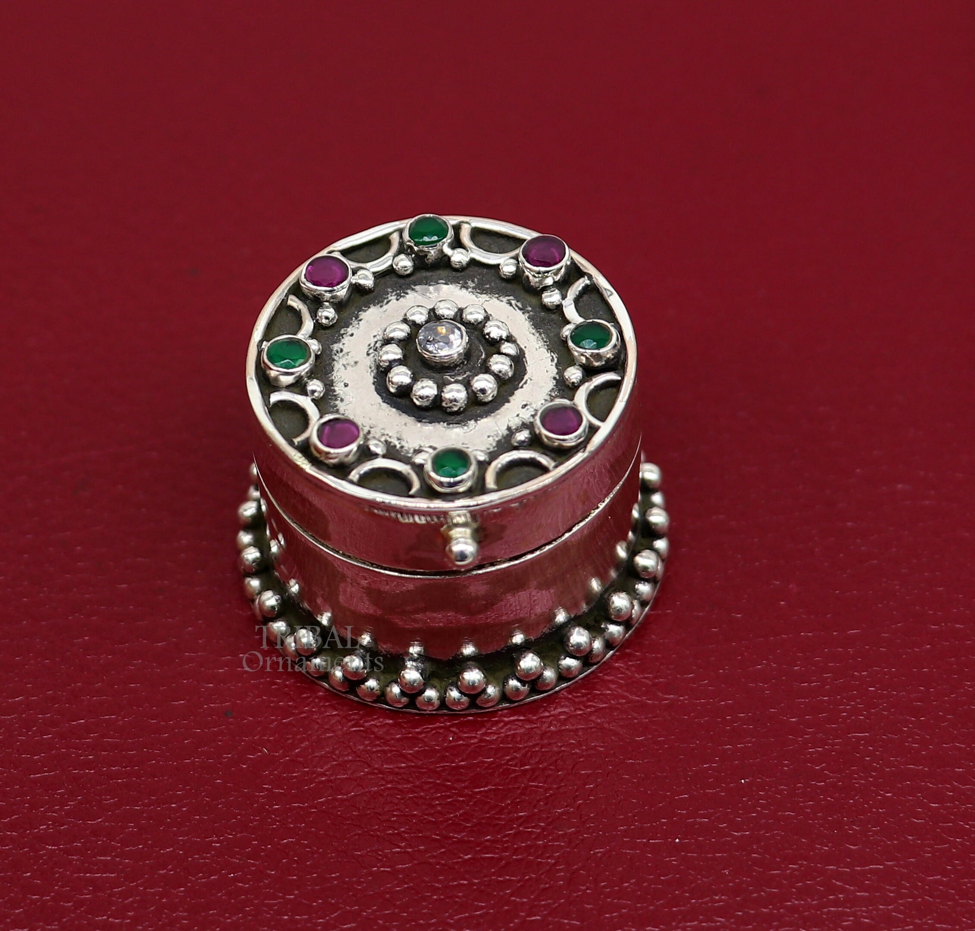 925 sterling silver handcrafted round shape design red stone work trinket box, kajal eyeliner box, Sindur box brides gift silver box stb761 - TRIBAL ORNAMENTS