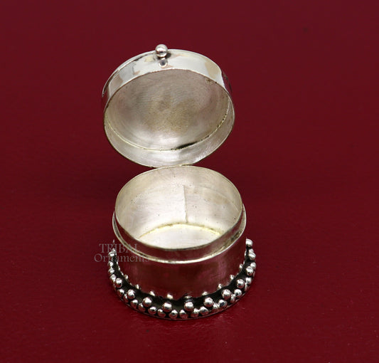 925 sterling silver handcrafted round shape design red stone work trinket box, kajal eyeliner box, Sindur box brides gift silver box stb762 - TRIBAL ORNAMENTS
