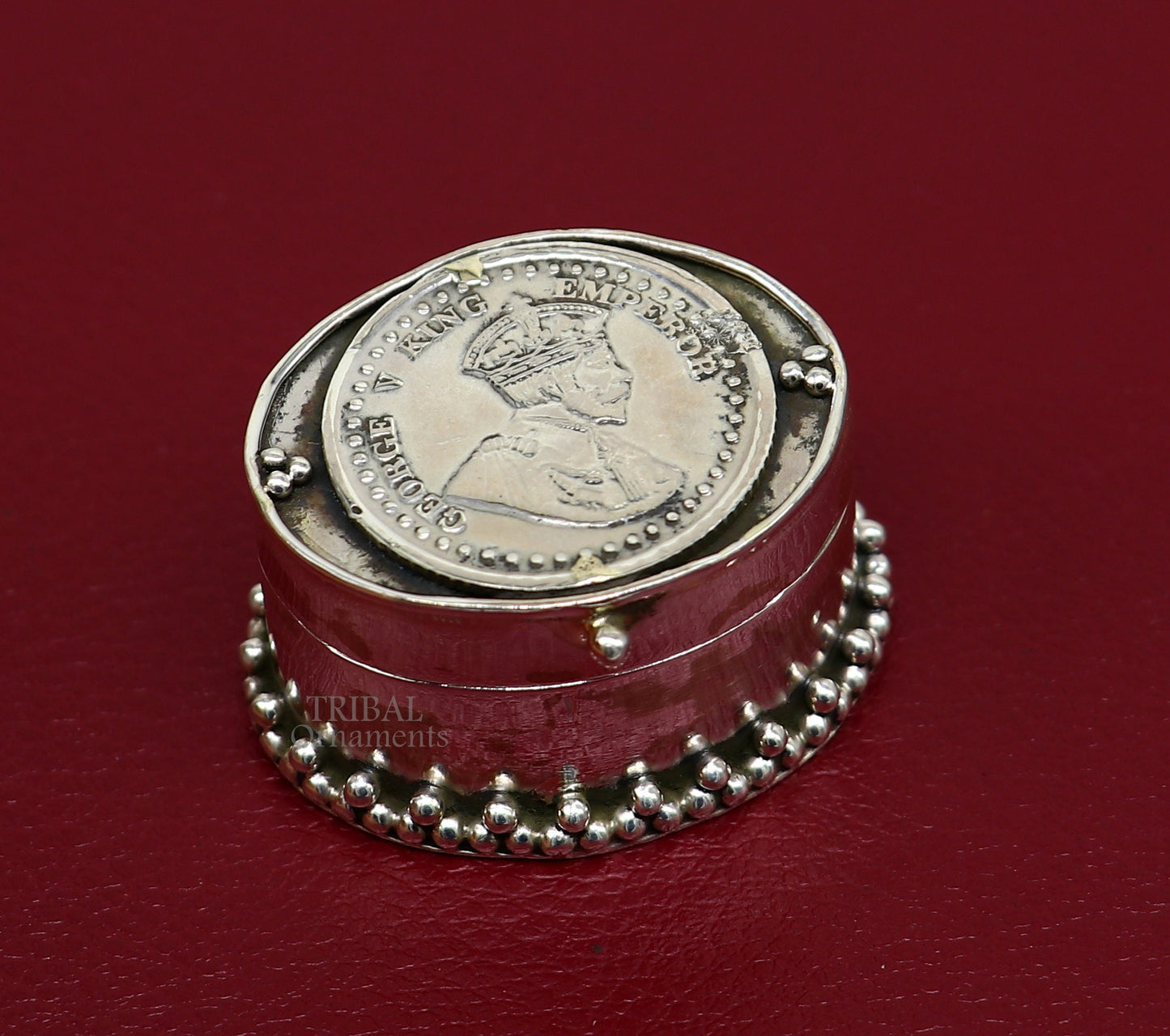 925 sterling silver unique design George v king emperor coin trinket box, kajal eyeliner box, Sindur box brides gift silver box stb763 - TRIBAL ORNAMENTS