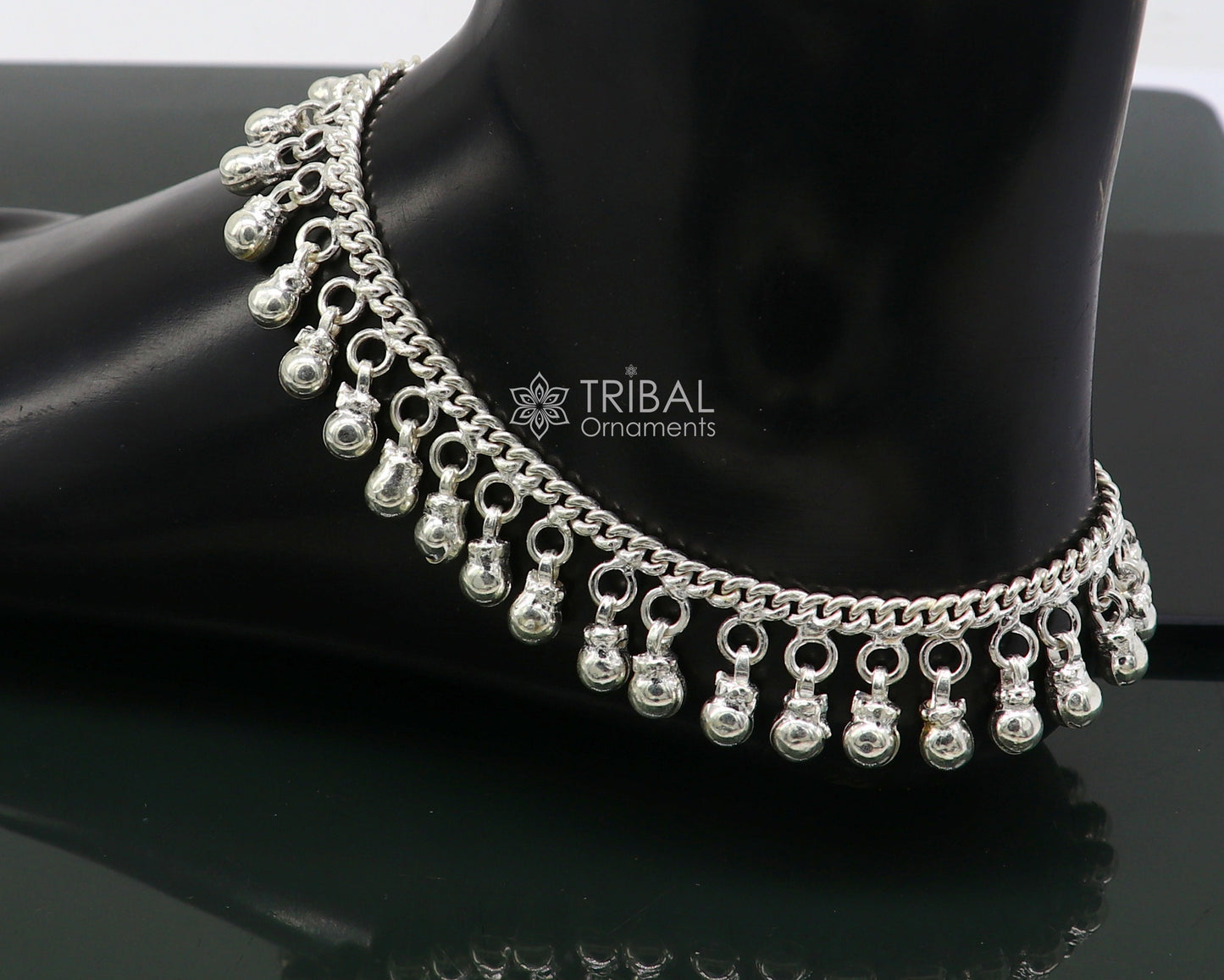 10.5" Long handmade sterling silver amazing hanging drops ankle bracelet, gorgeous charm anklets belly dance ethnic tribal jewelry ank539 - TRIBAL ORNAMENTS