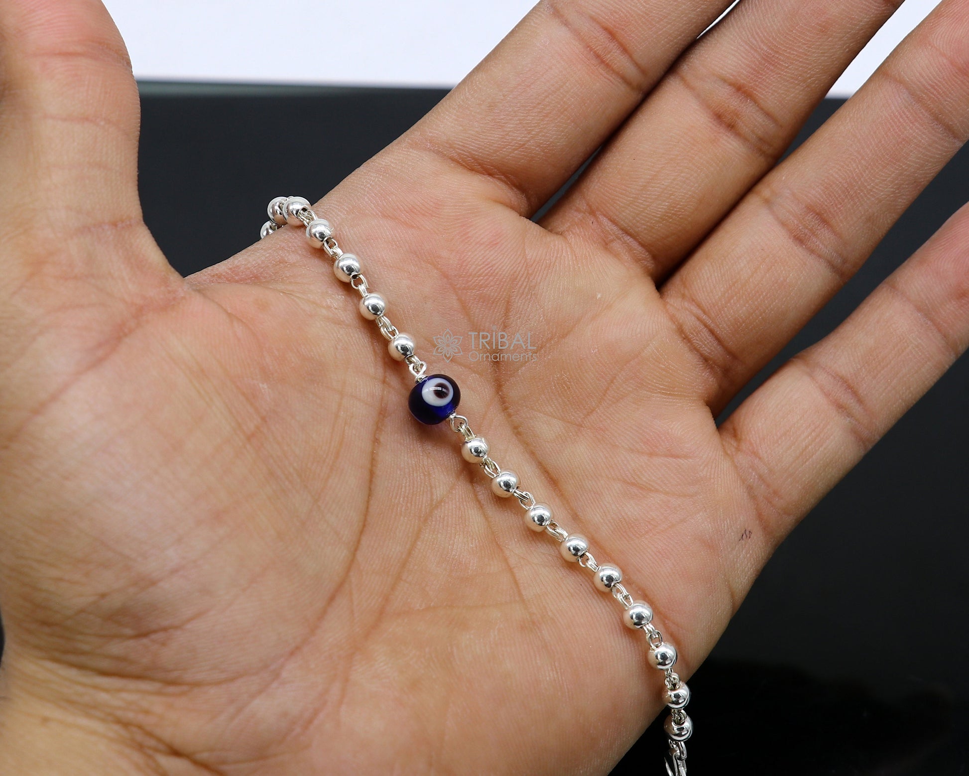 All sizes evil eye with 925 sterling silver beaded bracelet or anklet for girls and kids/your baby, silver Nazariya/nazarbattu bbr502 - TRIBAL ORNAMENTS