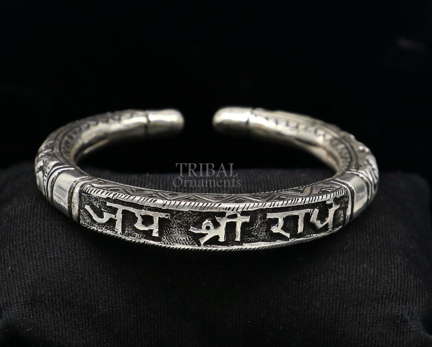 925 Sterling silver handmade Nakshi work "Jai Shree Radhe" Goddess Radha mantra bracelet kada divine unisex tribal ethnic jewelry nsk653 - TRIBAL ORNAMENTS