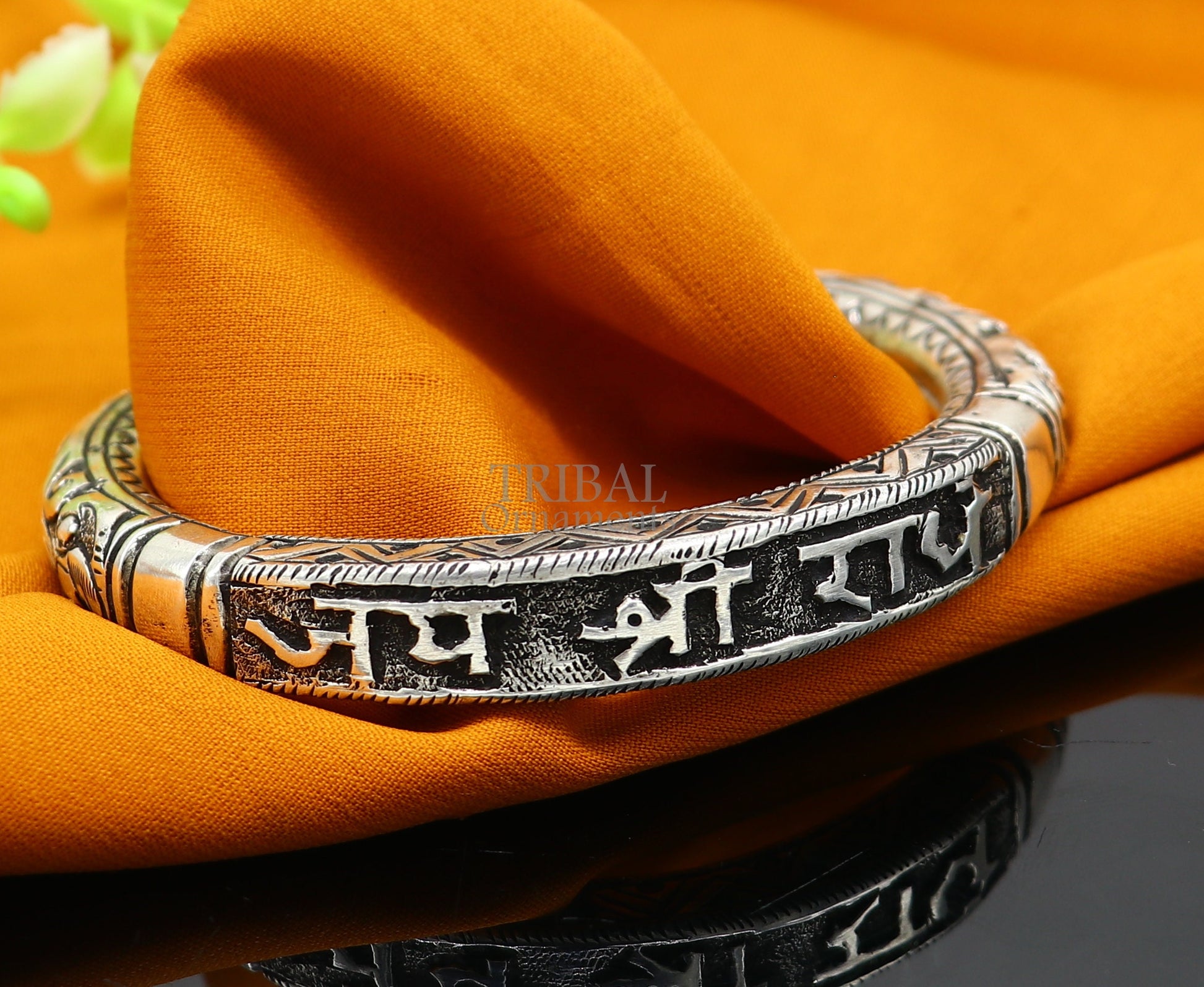 925 Sterling silver handmade Nakshi work "Jai Shree Radhe" Goddess Radha mantra bracelet kada divine unisex tribal ethnic jewelry nsk653 - TRIBAL ORNAMENTS