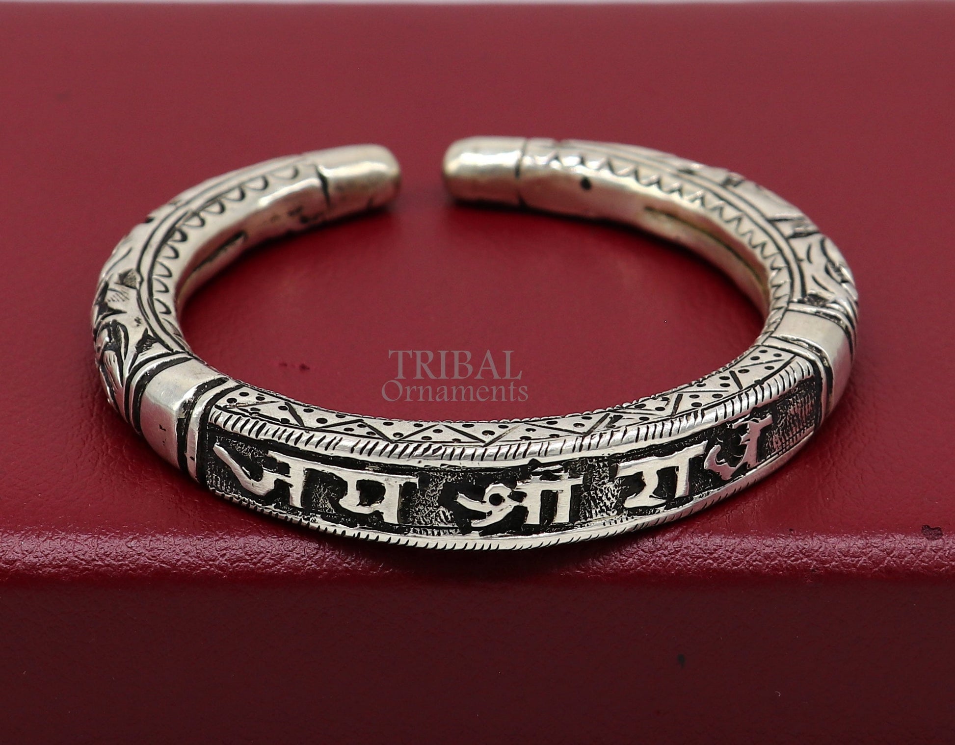 925 Sterling silver handmade Nakshi work "Jai Shree Radhe" Goddess Radha mantra bracelet kada divine unisex tribal ethnic jewelry nsk654 - TRIBAL ORNAMENTS