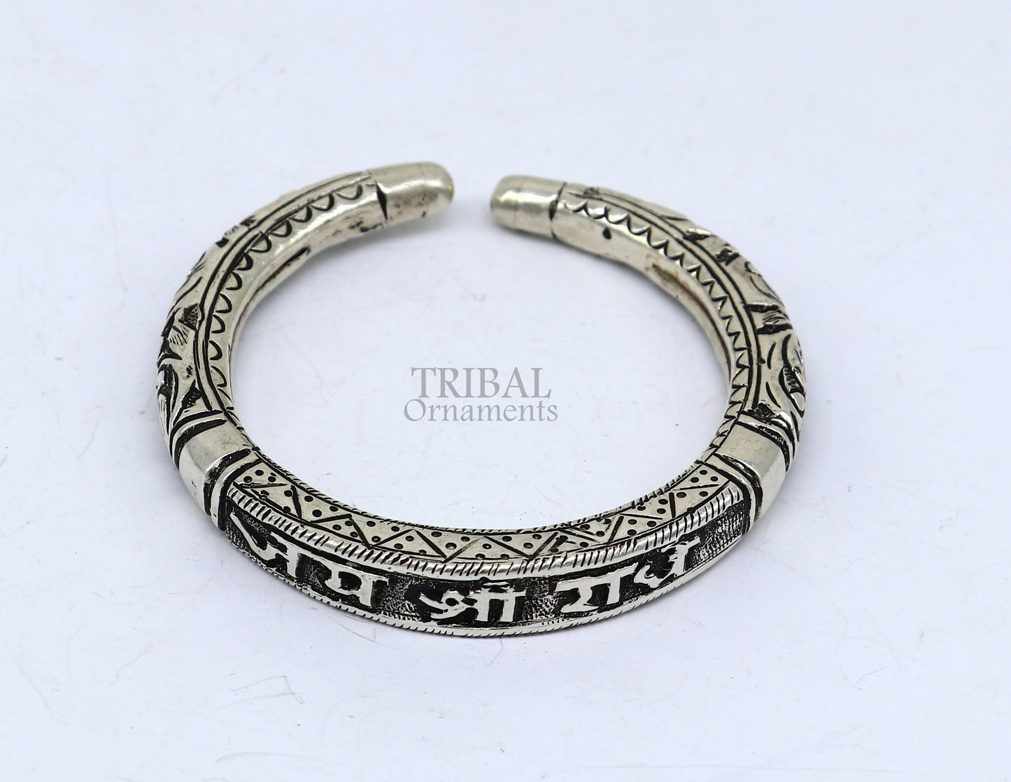 925 Sterling silver handmade Nakshi work "Jai Shree Radhe" Goddess Radha mantra bracelet kada divine unisex tribal ethnic jewelry nsk654 - TRIBAL ORNAMENTS