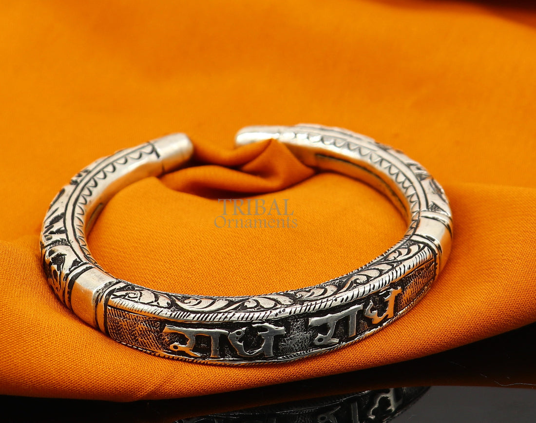 925 Sterling silver handmade Nakshi work design  "Radhe Radhe" Goddess Radha mantra bracelet kada divine unisex tribal ethnic jewelry nsk655 - TRIBAL ORNAMENTS