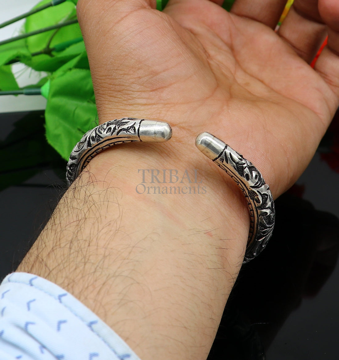 925 Sterling silver handmade Nakshi work design  "Radhe Radhe" Goddess Radha mantra bracelet kada divine unisex tribal ethnic jewelry nsk655 - TRIBAL ORNAMENTS