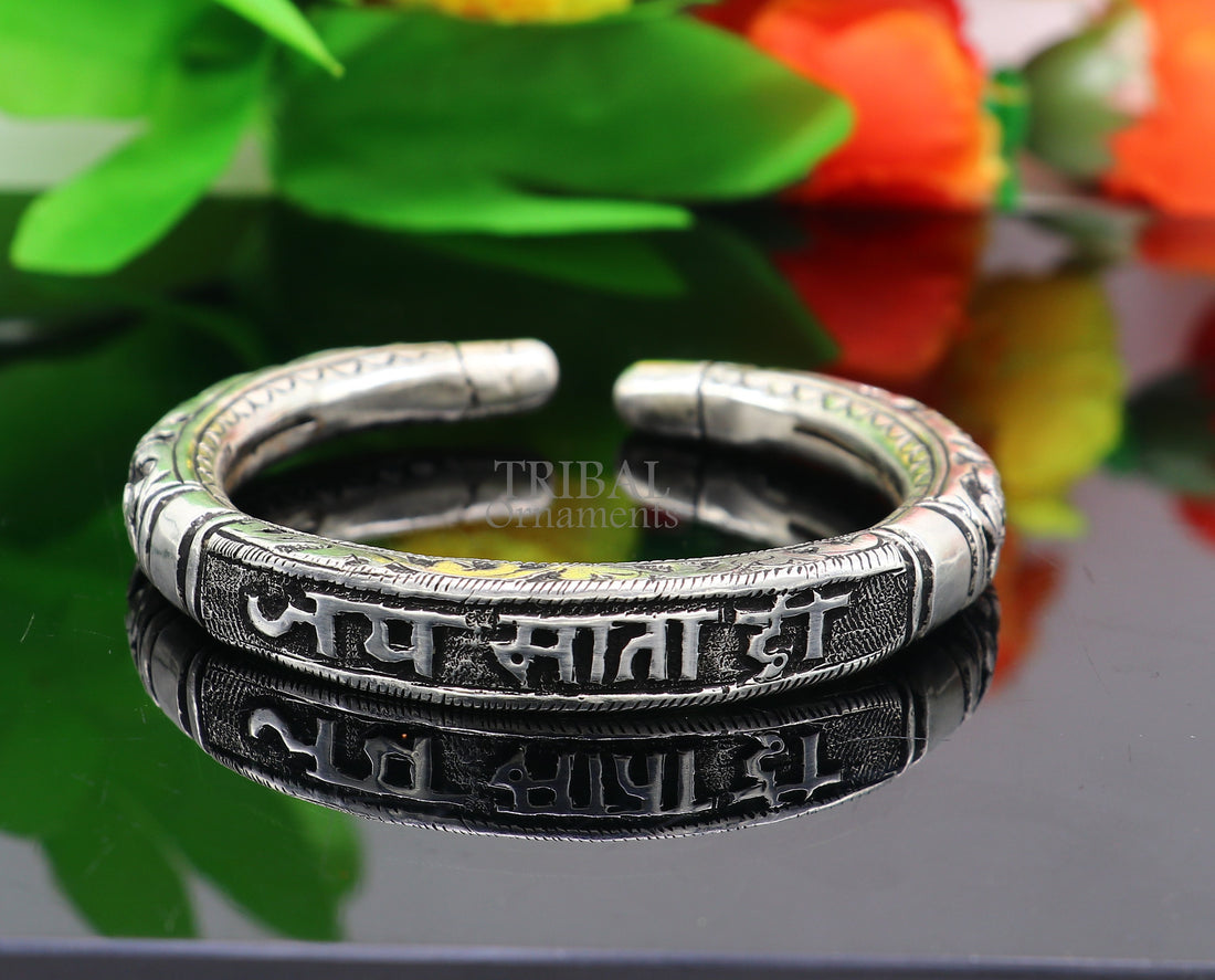 925 sterling silver handmade custom design Divine mantra " Jai Mata Di" Bangle cuff bracelet kada, best gifting unisex tribal jewelry NSK656 - TRIBAL ORNAMENTS