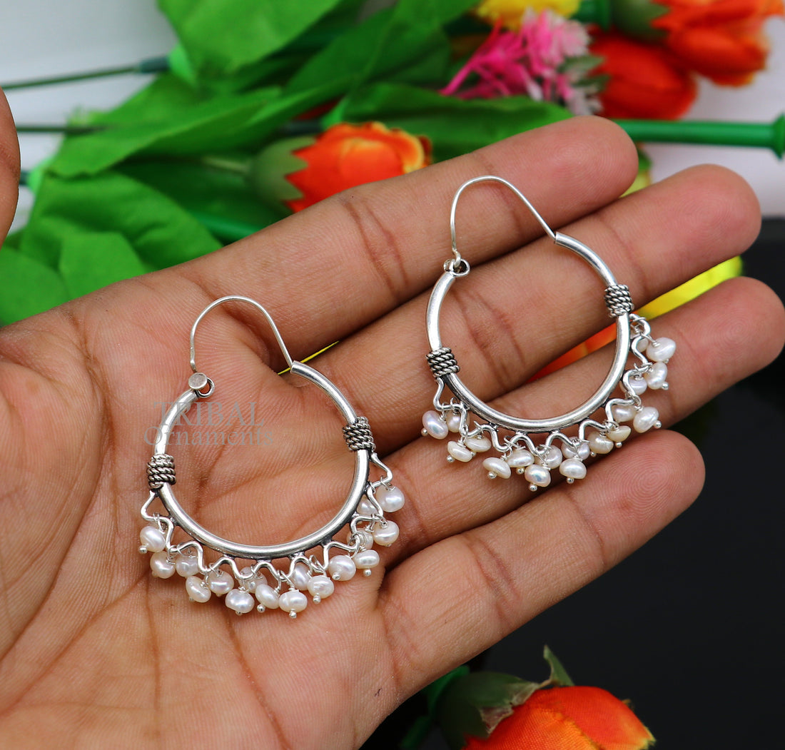 925 sterling silver handmade hoop earring, fabulous Bali, hanging pearls, hook, hoop gifting gorgeous tribal customized jewelry s1146 - TRIBAL ORNAMENTS