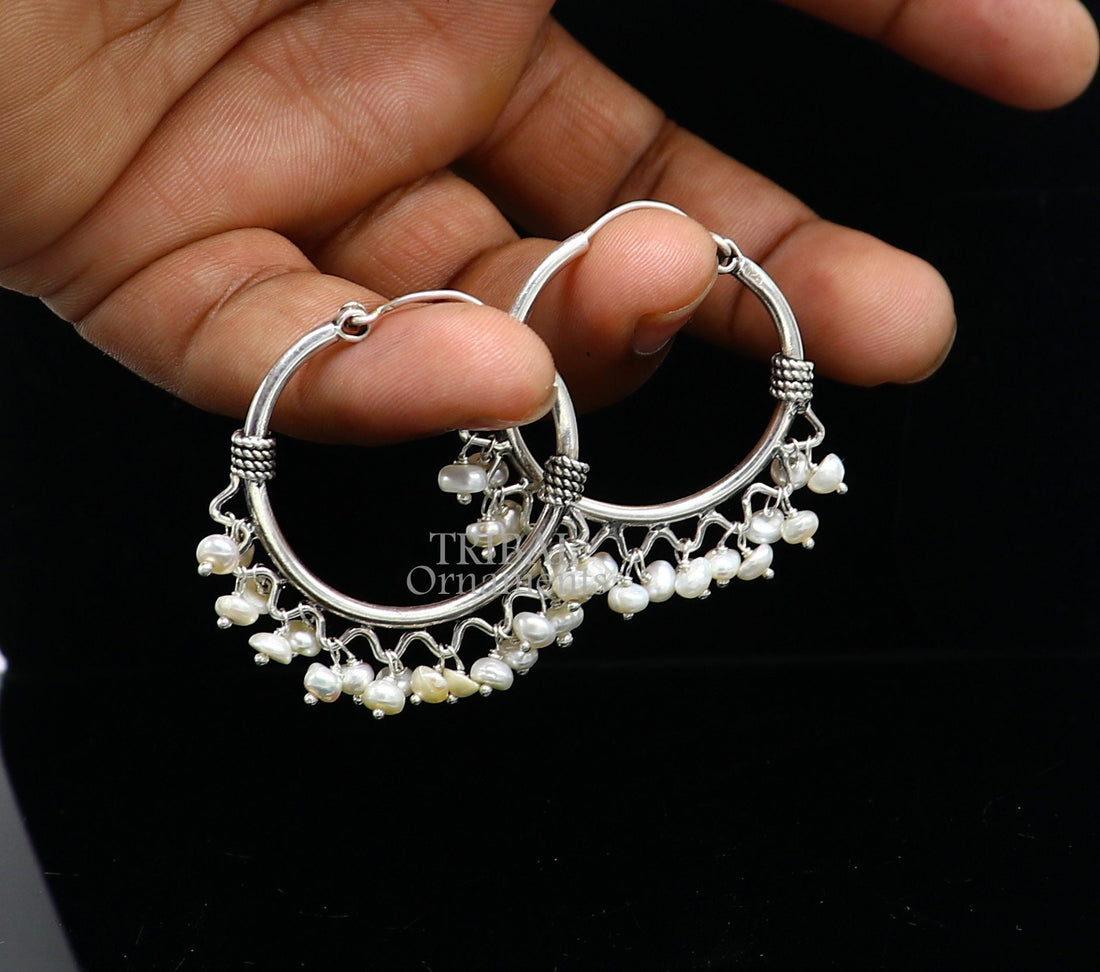 925 sterling silver handmade hoop earring, fabulous Bali, hanging pearls, hook, hoop gifting gorgeous tribal customized jewelry s1147 - TRIBAL ORNAMENTS