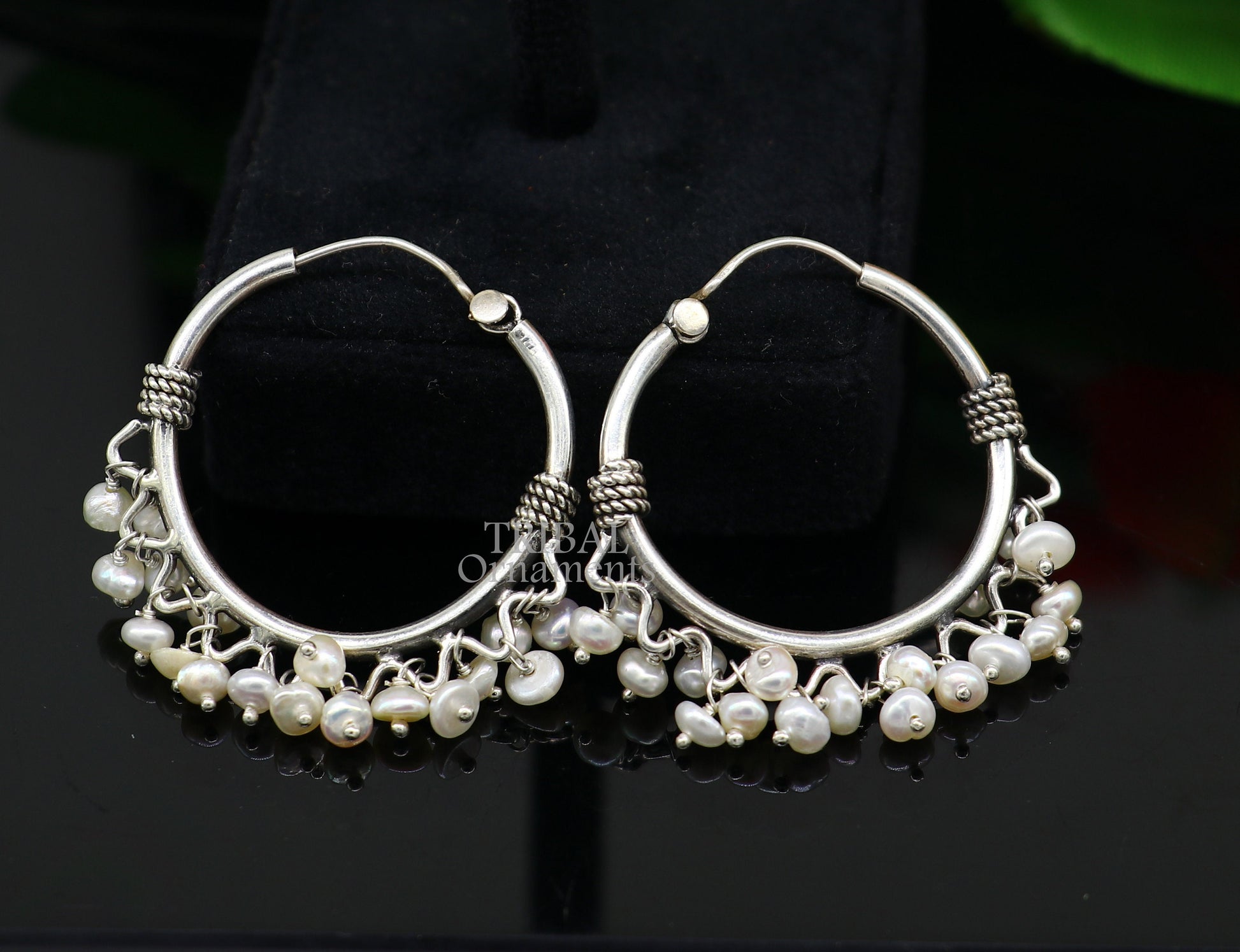 925 sterling silver handmade hoop earring, fabulous Bali, hanging pearls, hook, hoop gifting gorgeous tribal customized jewelry s1147 - TRIBAL ORNAMENTS