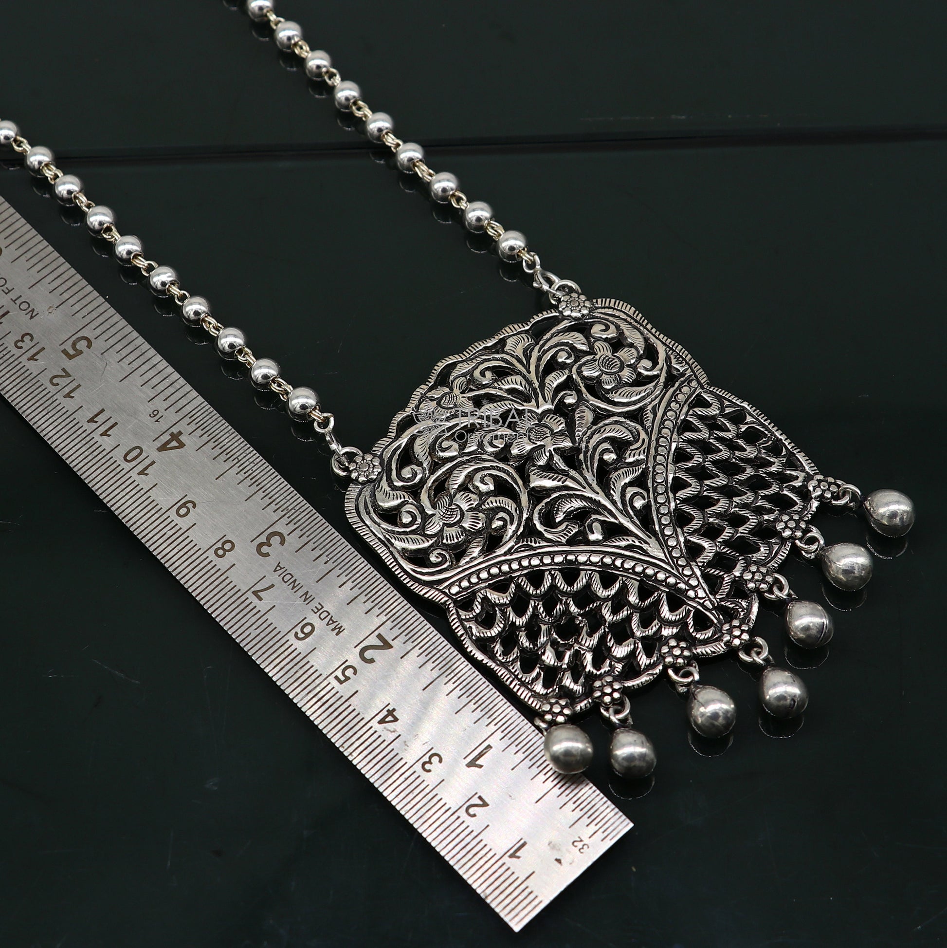 Modern trendy style handmade cultural 925 sterling silver chitai work pendant with 5mm silver beaded necklace best for all outfit set572 - TRIBAL ORNAMENTS