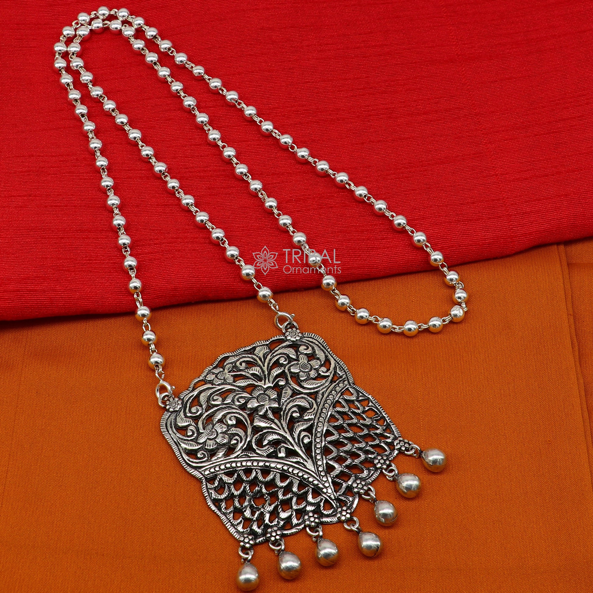 Modern trendy style handmade cultural 925 sterling silver chitai work pendant with 5mm silver beaded necklace best for all outfit set572 - TRIBAL ORNAMENTS