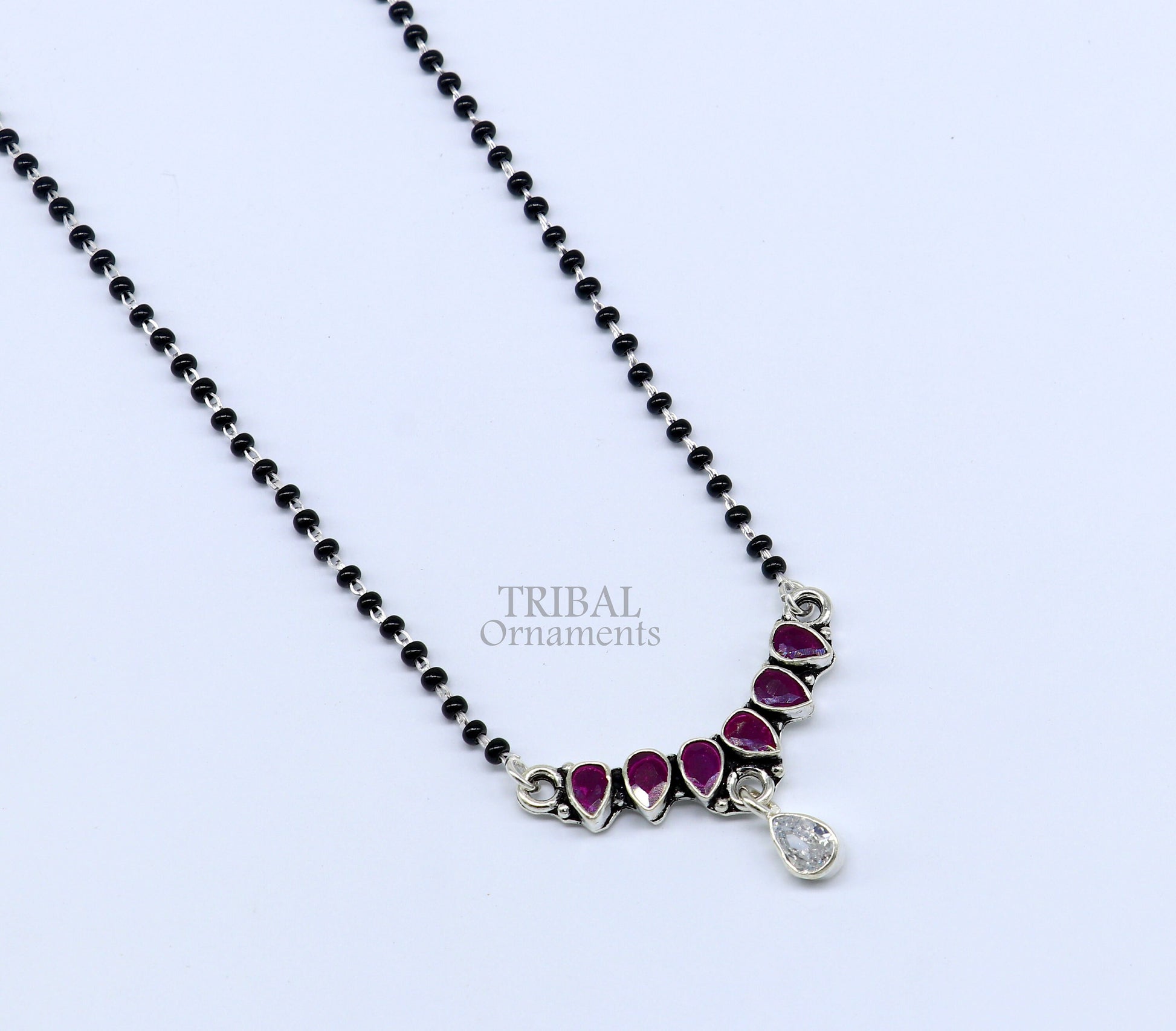 925 sterling silver black beads chain Trendy necklace, gorgeous flower design pendant, traditional style brides Mangalsutra necklace MS02 - TRIBAL ORNAMENTS