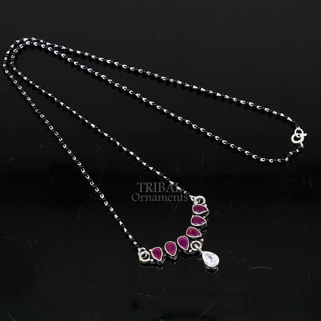 925 sterling silver black beads chain Trendy necklace, gorgeous flower design pendant, traditional style brides Mangalsutra necklace MS02 - TRIBAL ORNAMENTS