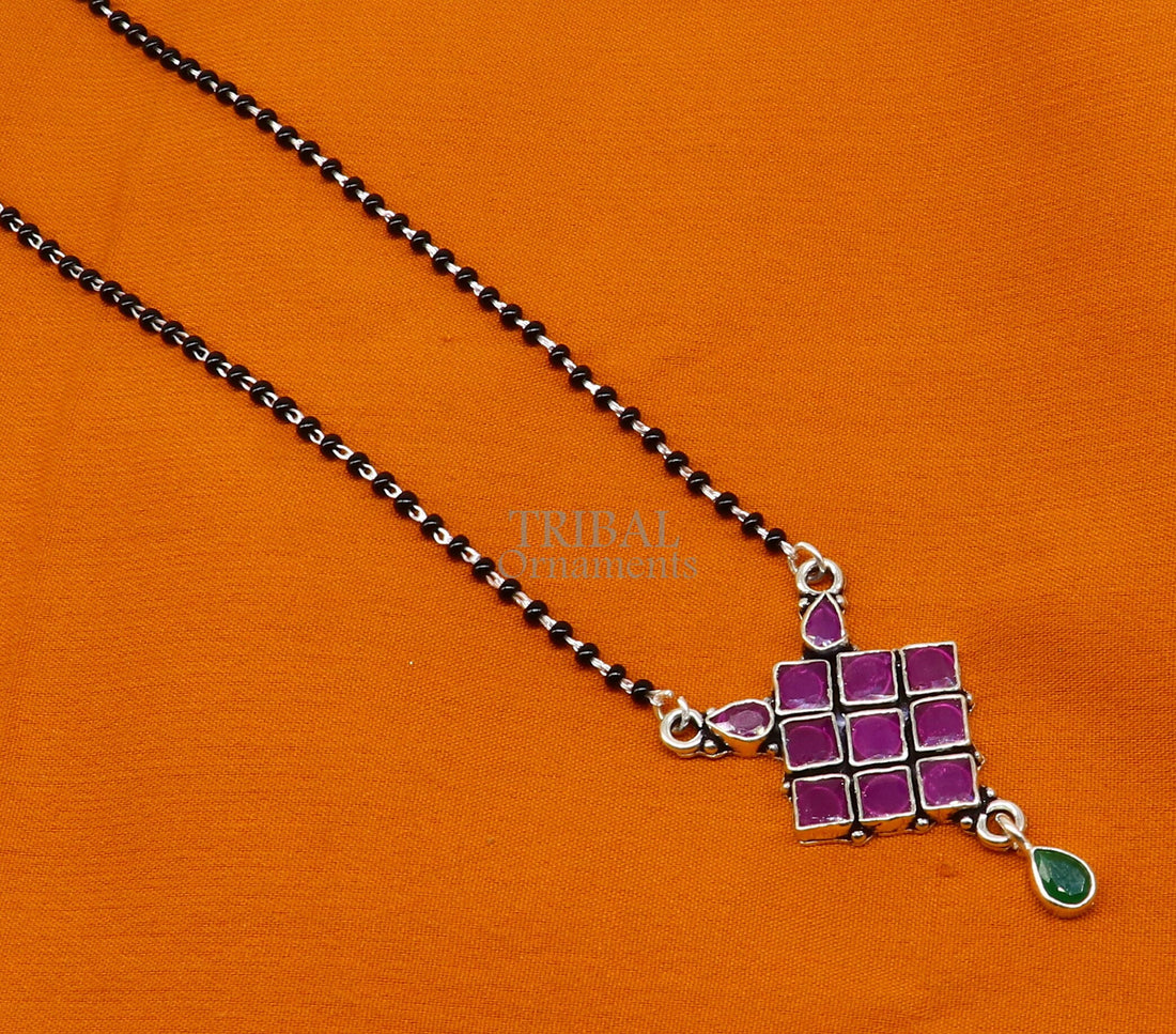 925 sterling silver black beads chain Trendy necklace, gorgeous multicolor stone pendant, traditional style brides Mangalsutra necklace MS05 - TRIBAL ORNAMENTS