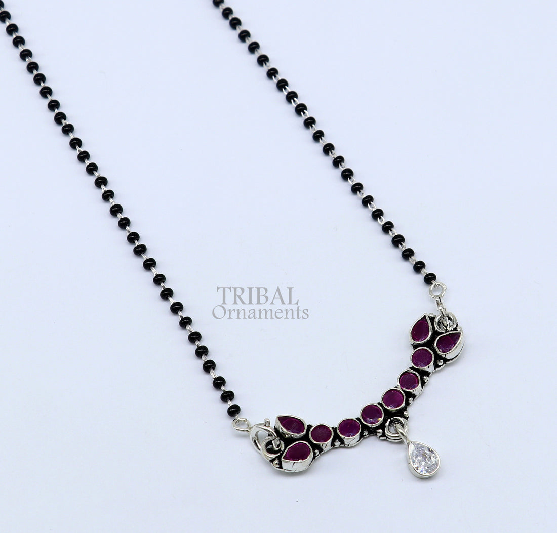 Trendy Red cut stone mangalsutra pendant 925 sterling silver black beads chain necklace, traditional style brides Mangalsutra necklace ms15 - TRIBAL ORNAMENTS