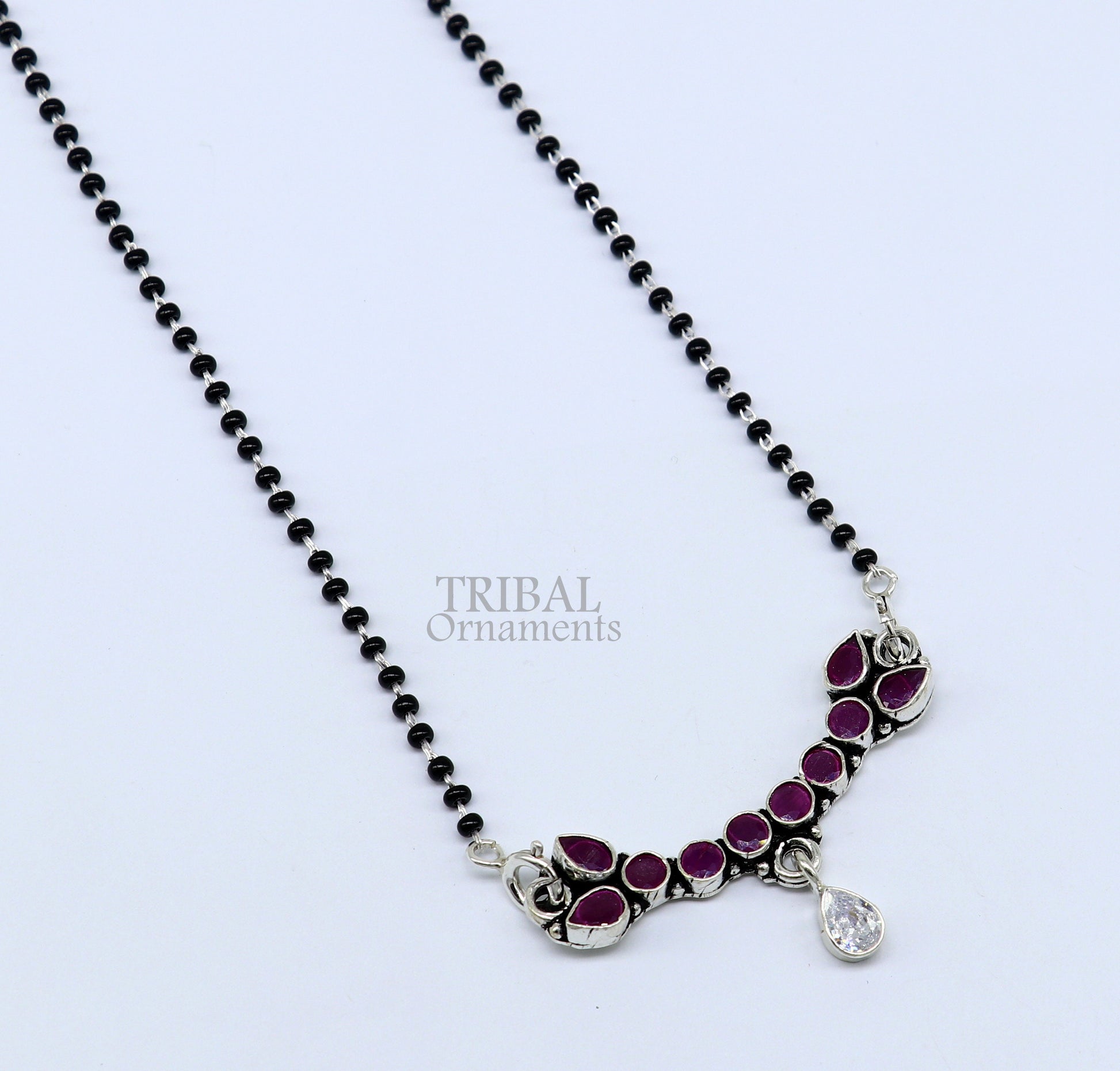 Trendy Red cut stone mangalsutra pendant 925 sterling silver black beads chain necklace, traditional style brides Mangalsutra necklace ms15 - TRIBAL ORNAMENTS