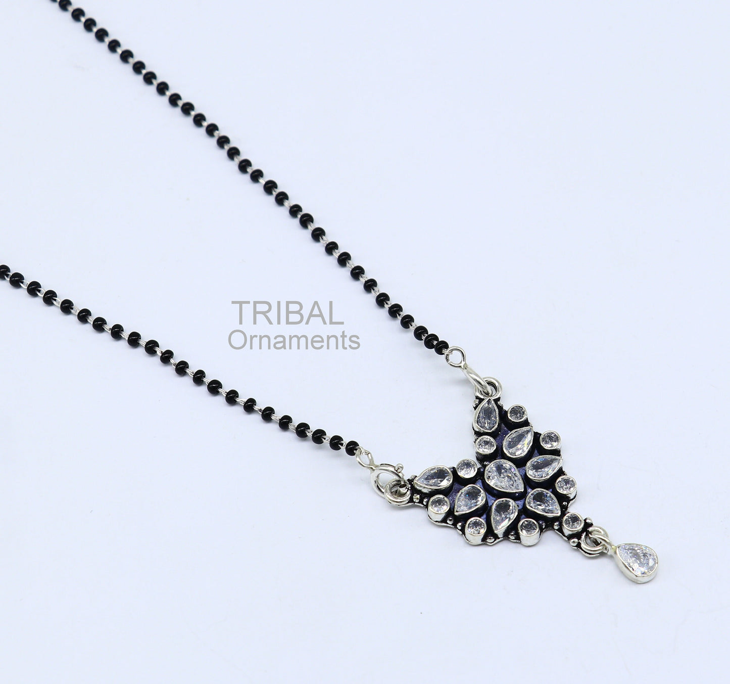 Awesome 925 sterling silver black beads chain necklace, gorgeous flower design pendant, traditional style brides mangalsutra necklace ms18 - TRIBAL ORNAMENTS
