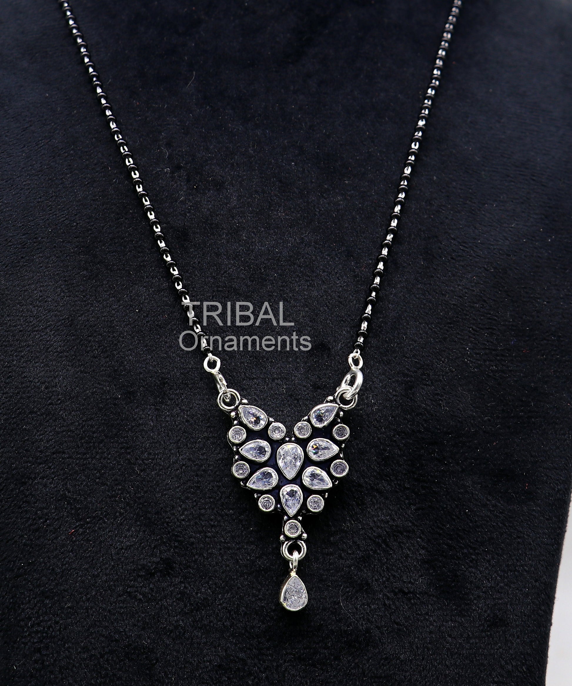 Awesome 925 sterling silver black beads chain necklace, gorgeous flower design pendant, traditional style brides mangalsutra necklace ms18 - TRIBAL ORNAMENTS
