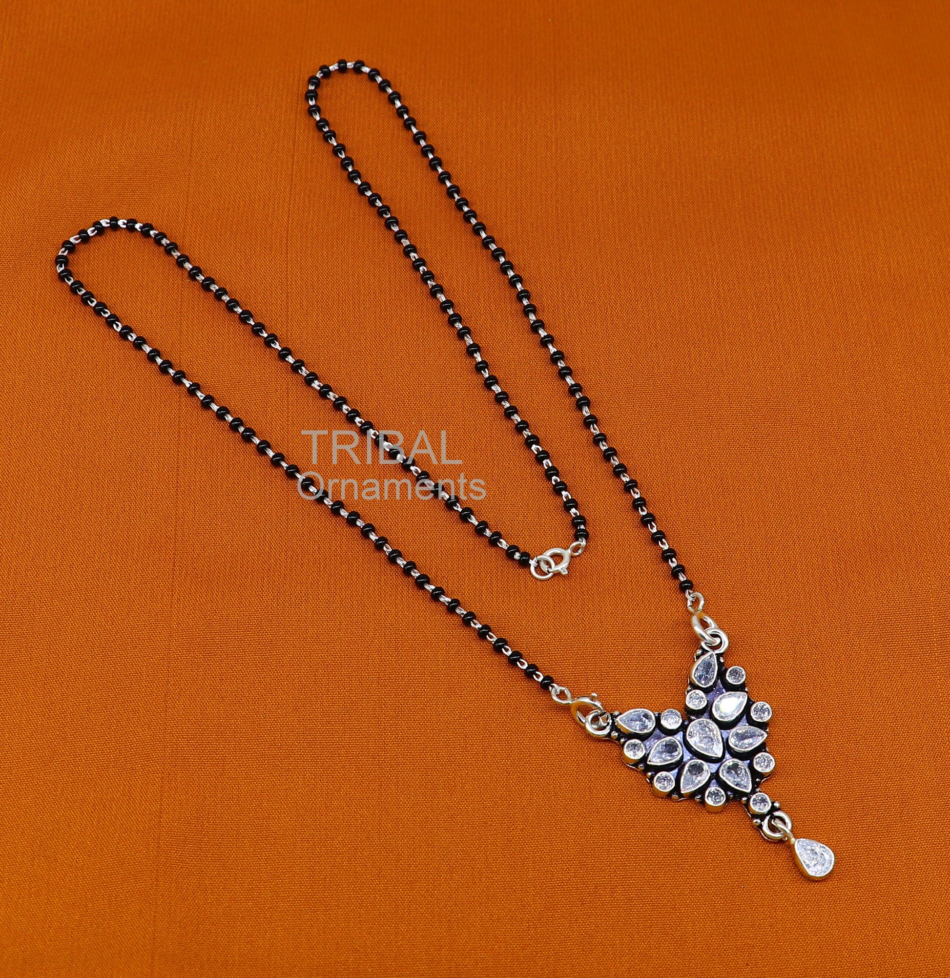 Awesome 925 sterling silver black beads chain necklace, gorgeous flower design pendant, traditional style brides mangalsutra necklace ms18 - TRIBAL ORNAMENTS